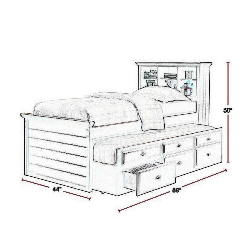 Benjara Toni Twin Size Trundle Bed with 6 Drawers, Bookcase Headboard, Brown Wood