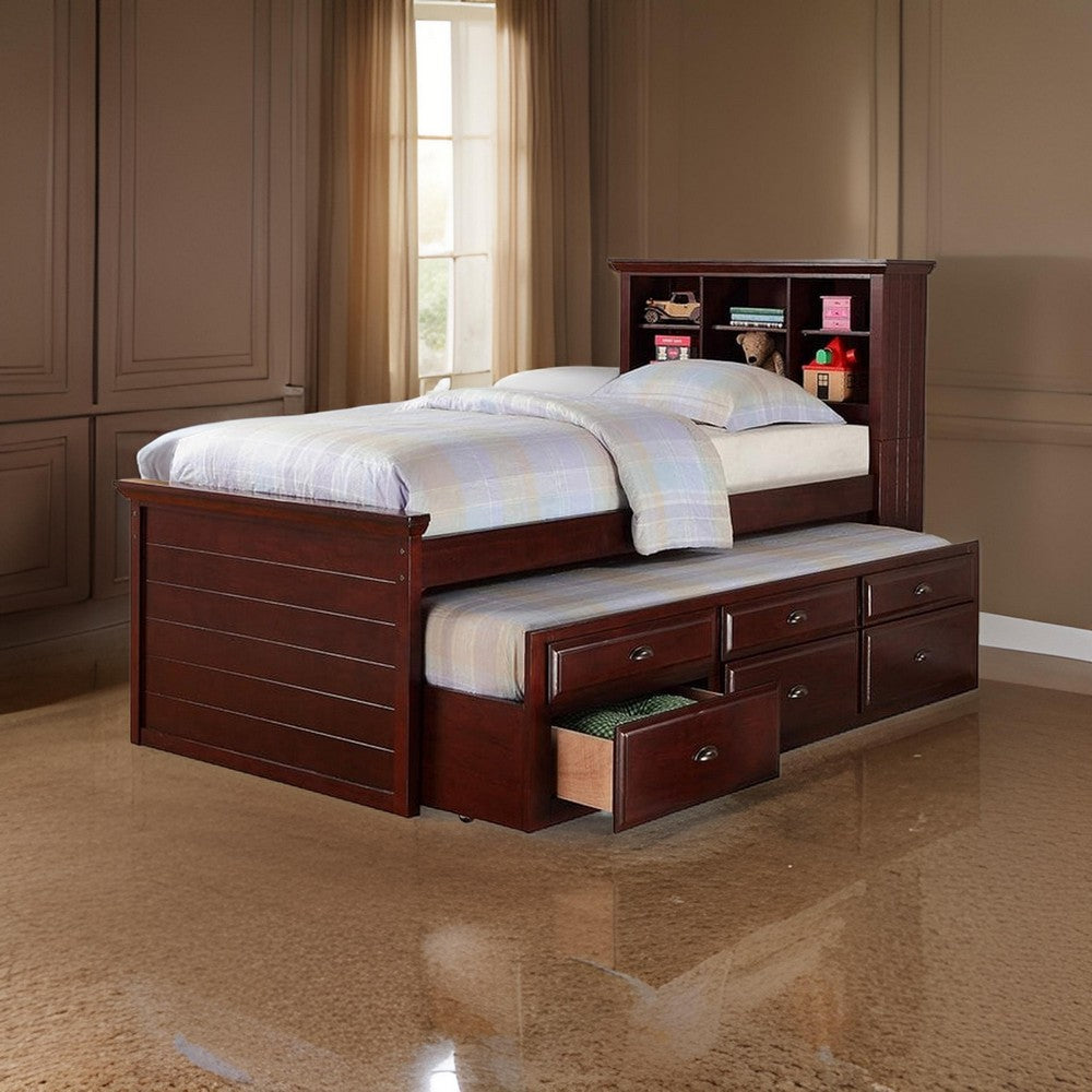 Benjara Toni Twin Size Trundle Bed with 6 Drawers, Bookcase Headboard, Brown Wood