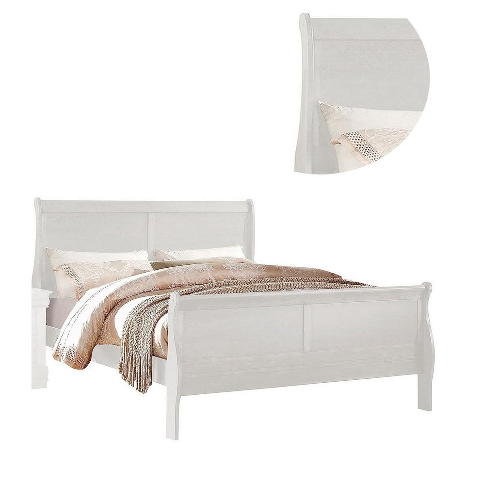 Benjara Nin King Size Sleigh Bed, Minimalist Style Headboard, Classic White Wood