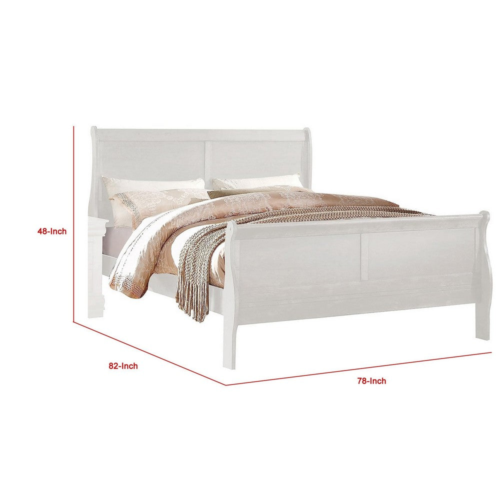 Benjara Nin King Size Sleigh Bed, Minimalist Style Headboard, Classic White Wood