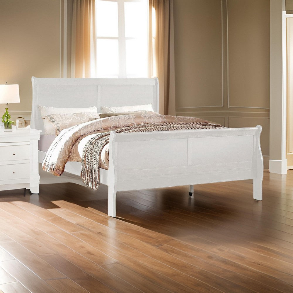 Benjara Nin King Size Sleigh Bed, Minimalist Style Headboard, Classic White Wood