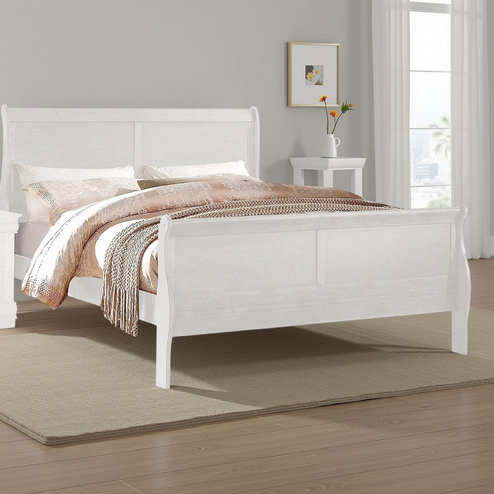 Benjara Nin Queen Size Sleigh Bed, Minimalist Style Headboard, Classic White Wood