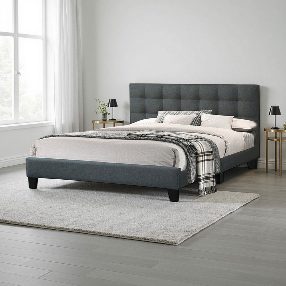 Benjara Dex Modern Platform King Size Bed, Plush Tufted Upholstery, Charcoal Gray