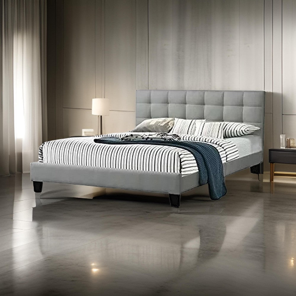 Benjara Dex Modern Platform California King Bed, Tufted Upholstery, Light Gray