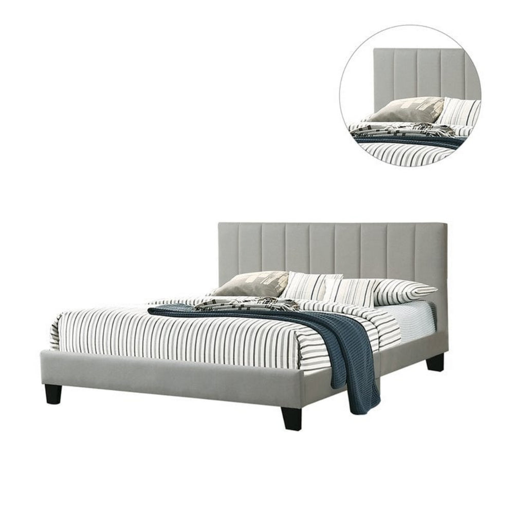 Benjara Dex Modern Platform Queen Size Bed, Square Tufted Upholstery, Light Gray