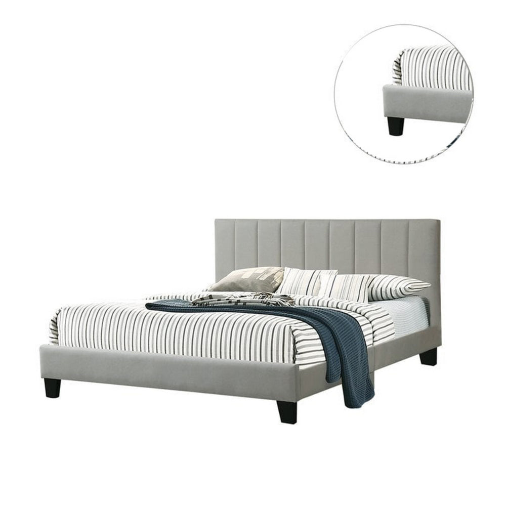 Benjara Dex Modern Platform Queen Size Bed, Square Tufted Upholstery, Light Gray