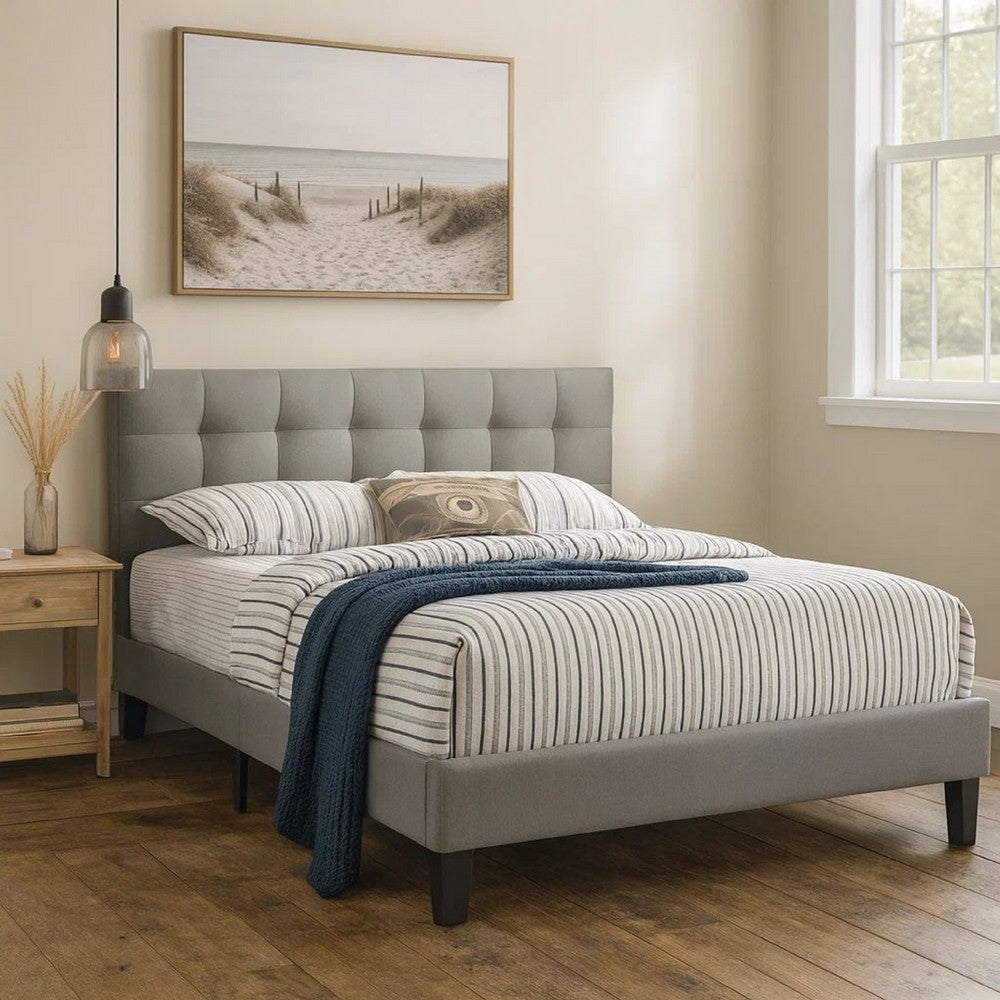 Benjara Dex Modern Platform Queen Size Bed, Square Tufted Upholstery, Light Gray