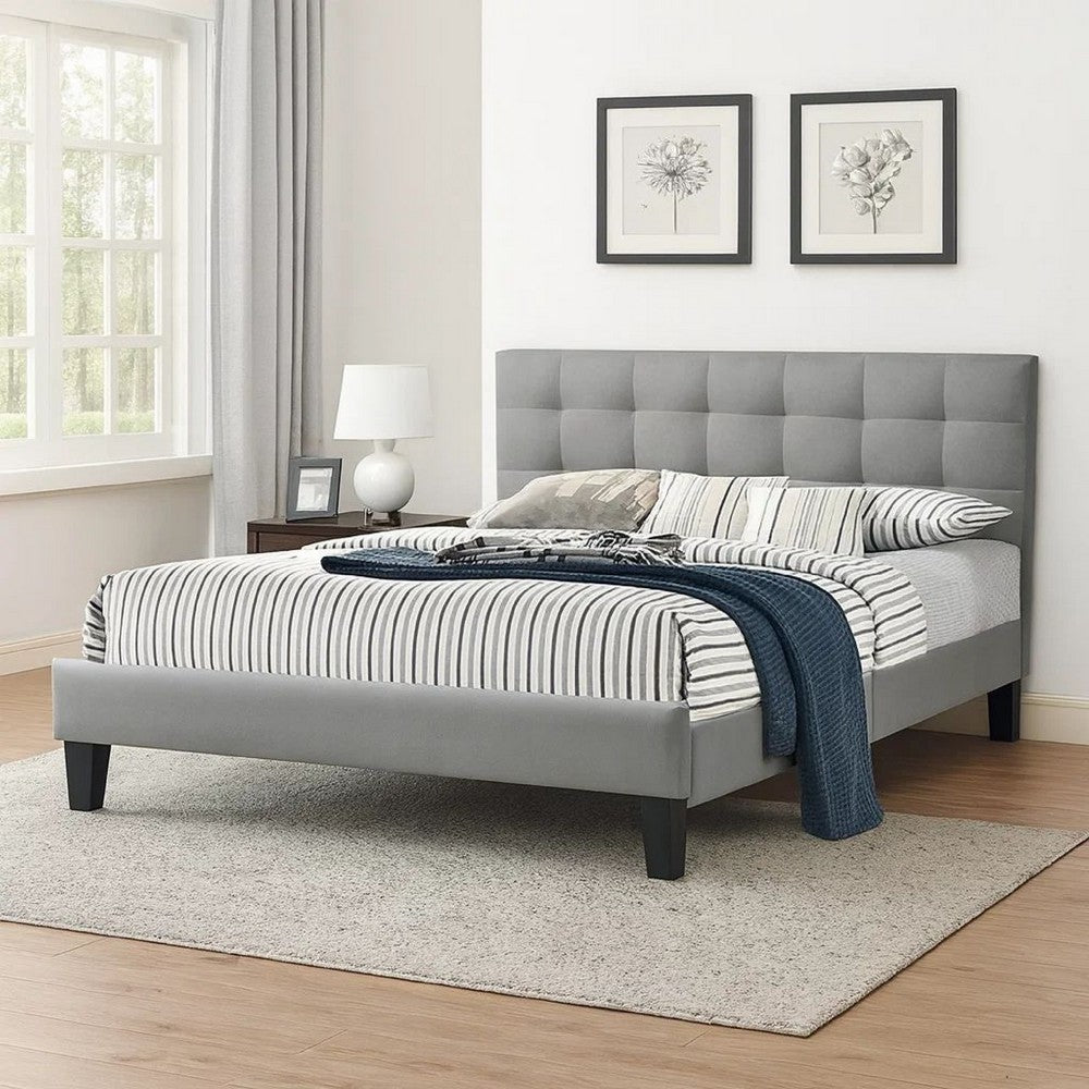 Benjara Dex Modern Platform Queen Size Bed, Square Tufted Upholstery, Light Gray