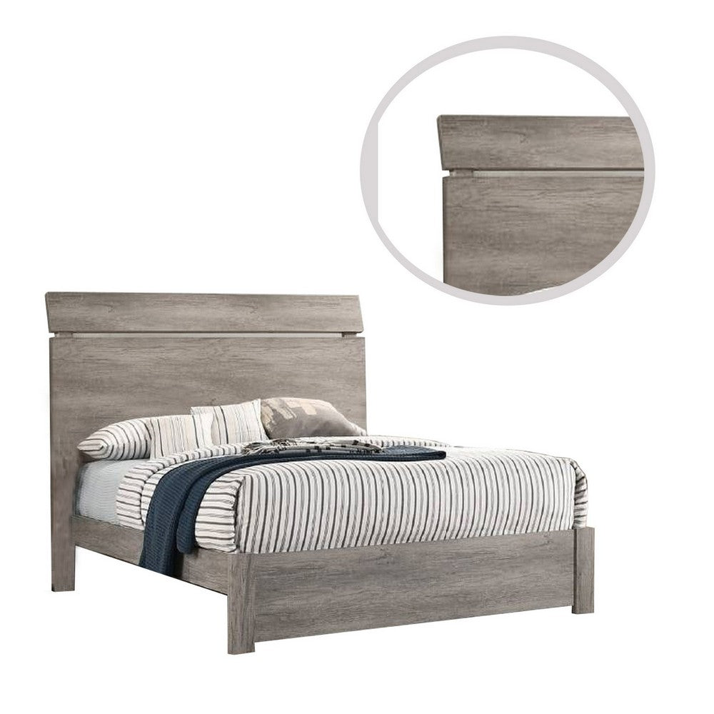 Benjara Posy Platform Queen Size Bed with Split Headboard, Distressed Gray Wood