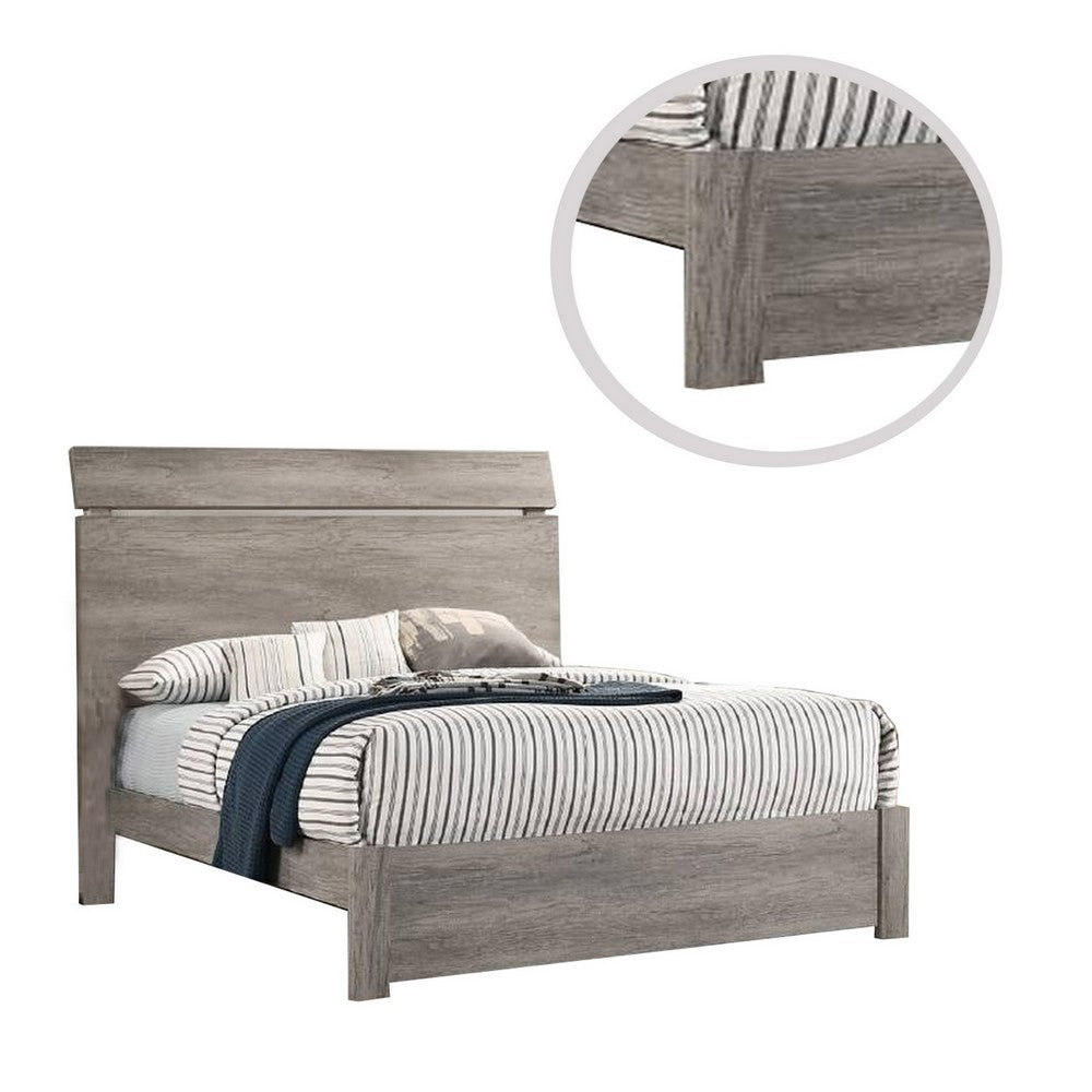 Benjara Posy Platform Queen Size Bed with Split Headboard, Distressed Gray Wood