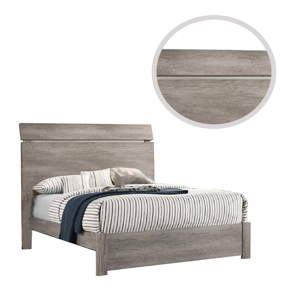 Benjara Posy Platform Queen Size Bed with Split Headboard, Distressed Gray Wood