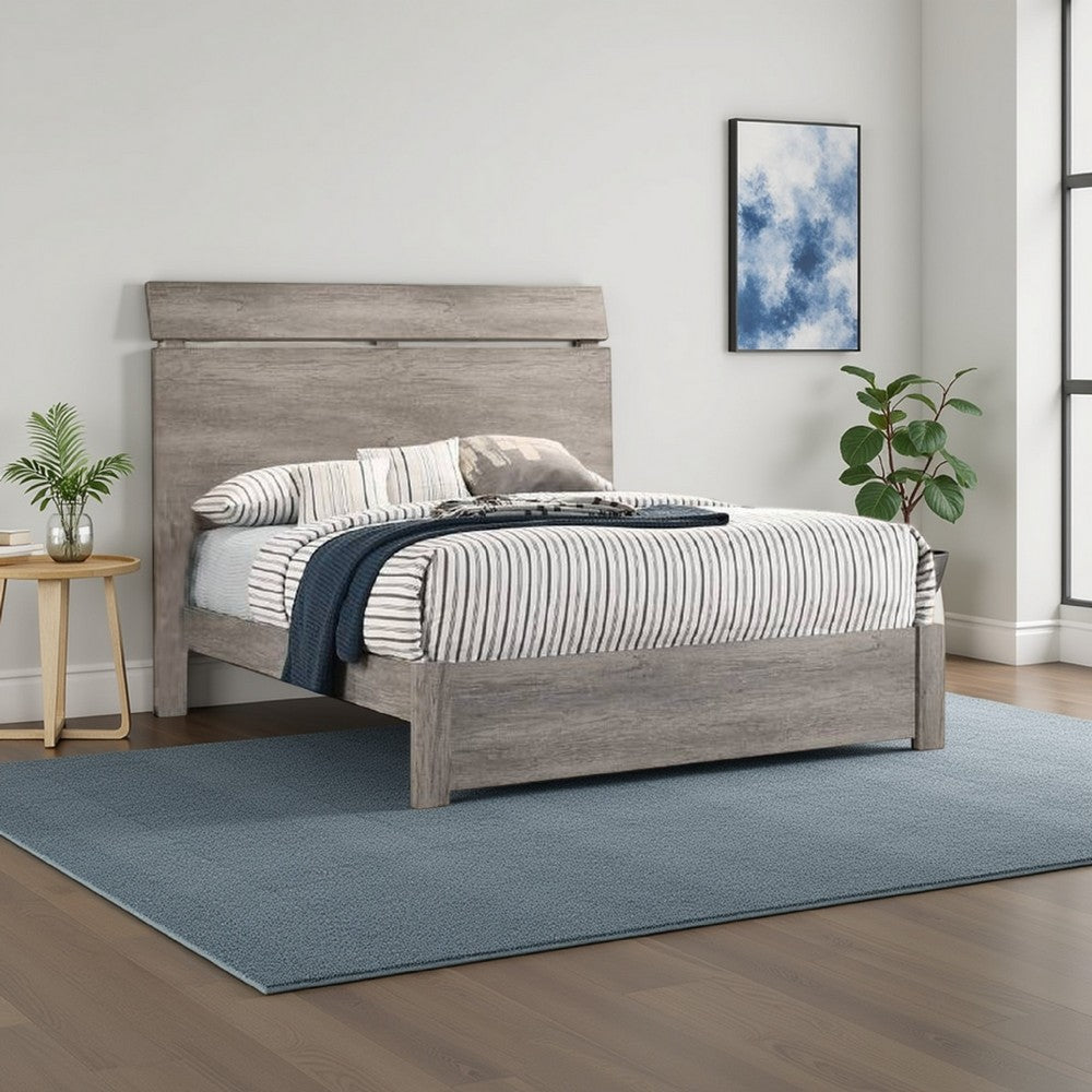 Benjara Posy Platform Queen Size Bed with Split Headboard, Distressed Gray Wood