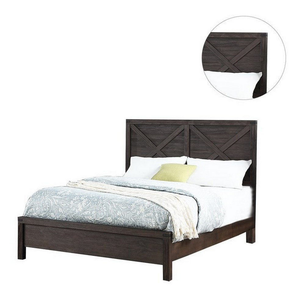 Benjara Yale Platform Queen Size Bed, Crossed Accent Panel, Dark Walnut Brown