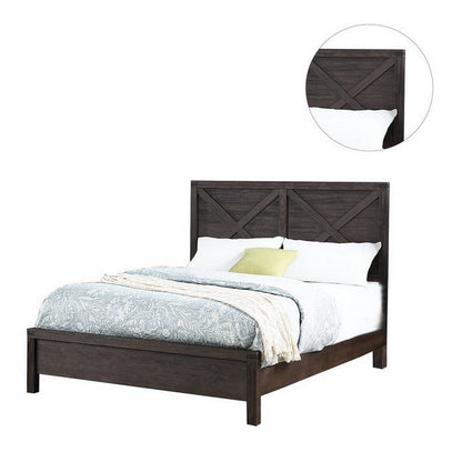 Benjara Yale Platform Queen Size Bed, Crossed Accent Panel, Dark Walnut Brown