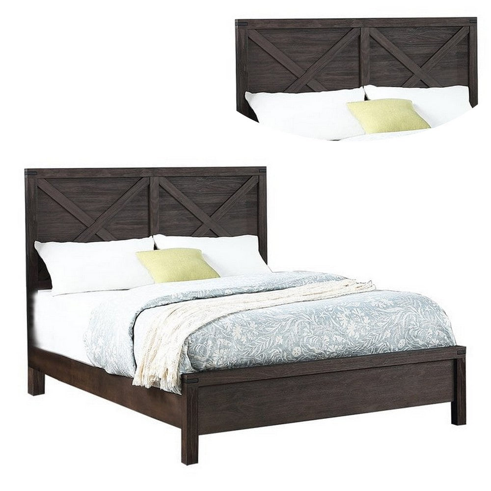 Benjara Yale Platform Queen Size Bed, Crossed Accent Panel, Dark Walnut Brown