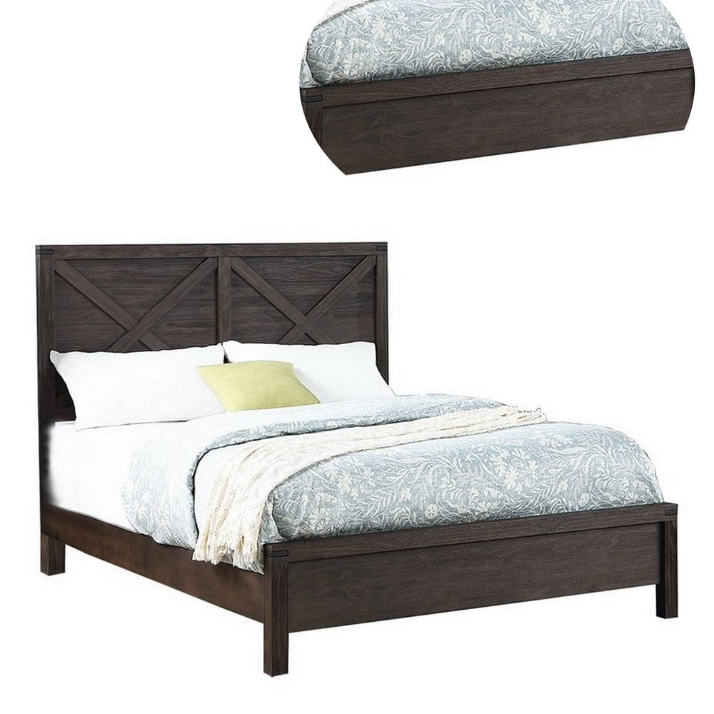 Benjara Yale Platform Queen Size Bed, Crossed Accent Panel, Dark Walnut Brown