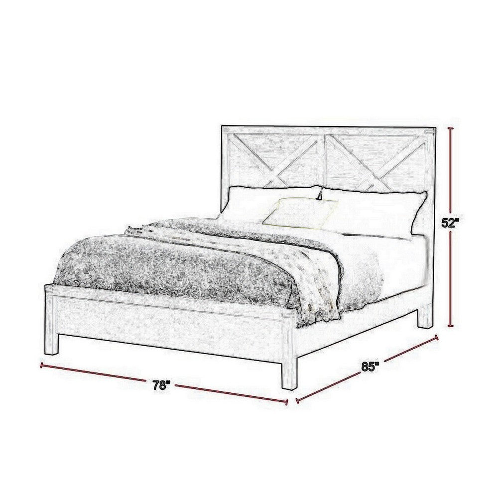 Benjara Yale Platform Queen Size Bed, Crossed Accent Panel, Dark Walnut Brown