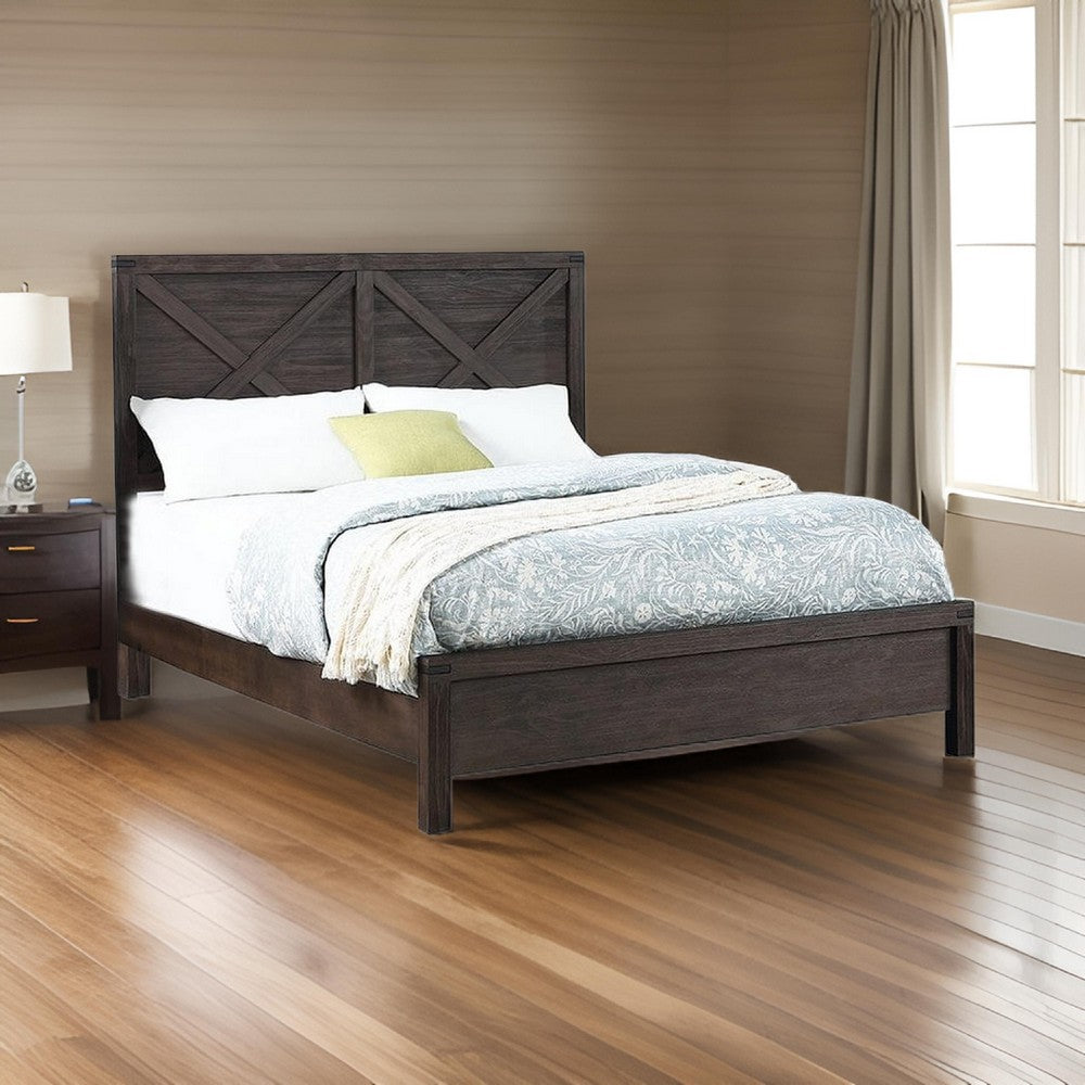 Benjara Yale Platform Queen Size Bed, Crossed Accent Panel, Dark Walnut Brown