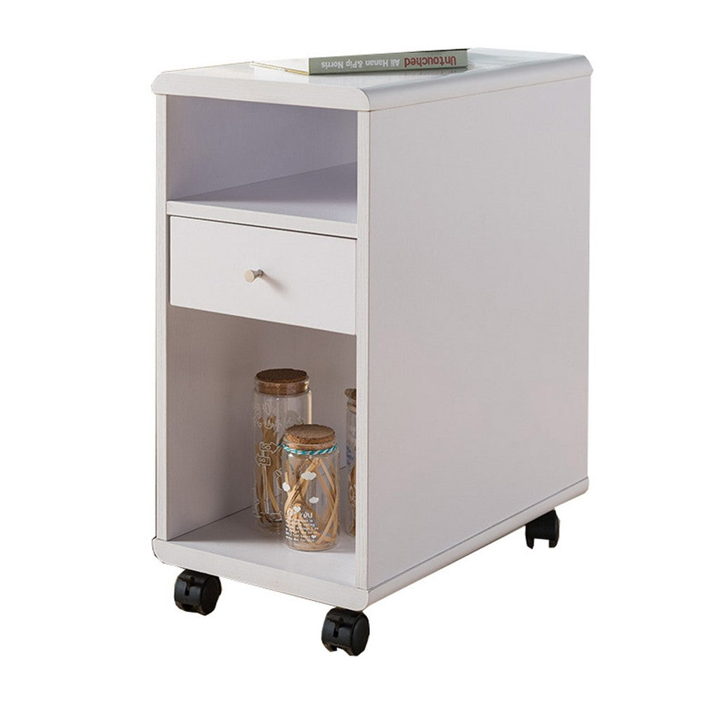 Benjara 20 Inch Rolling Chairside Table, Single Drawer, 2 Open Shelves, Crisp White