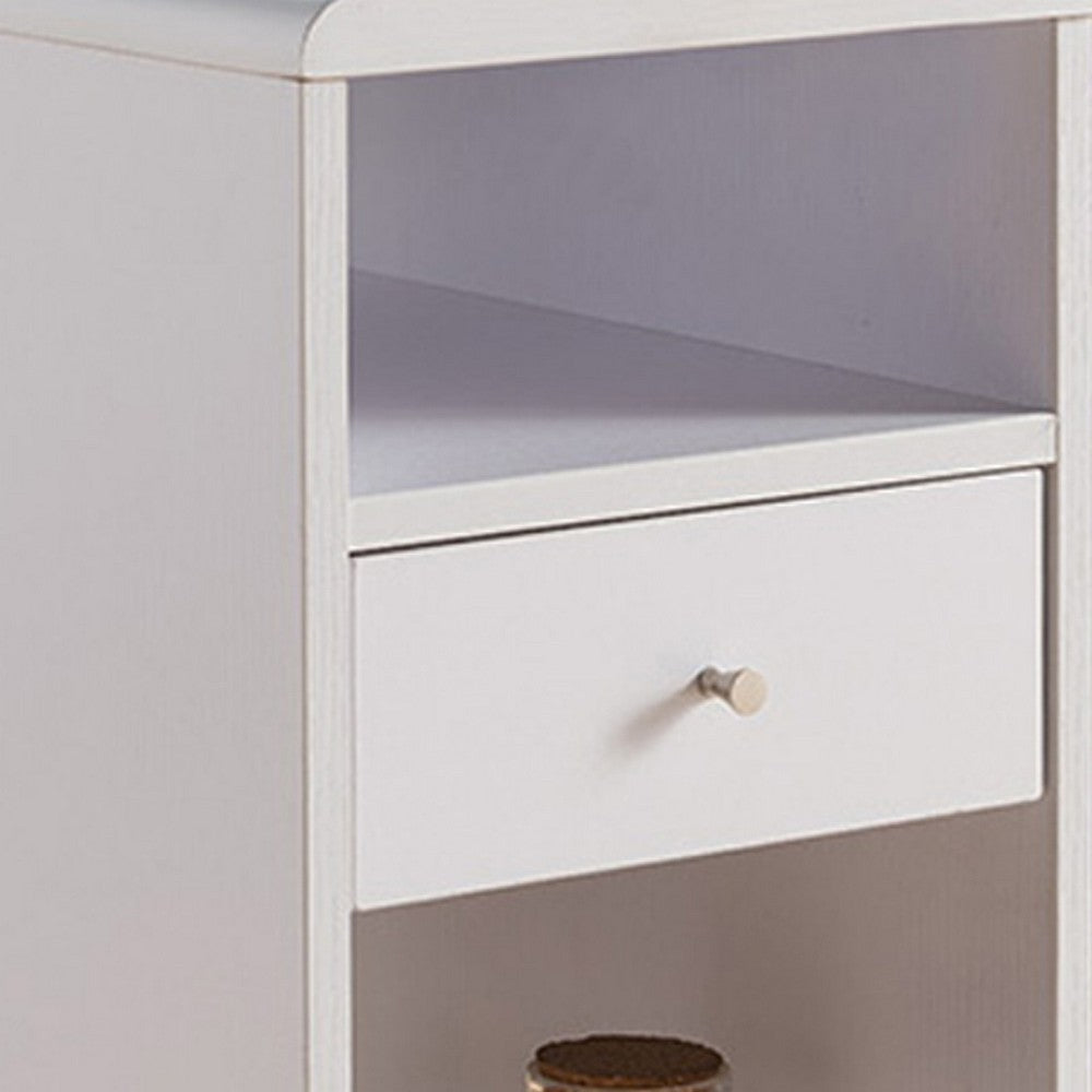 Benjara 20 Inch Rolling Chairside Table, Single Drawer, 2 Open Shelves, Crisp White