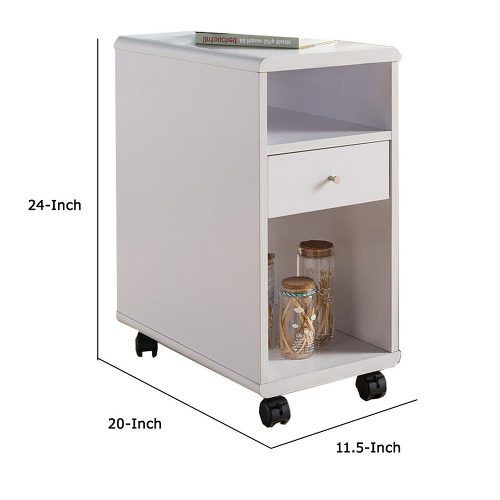 Benjara 20 Inch Rolling Chairside Table, Single Drawer, 2 Open Shelves, Crisp White