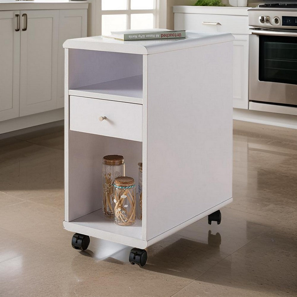 Benjara 20 Inch Rolling Chairside Table, Single Drawer, 2 Open Shelves, Crisp White
