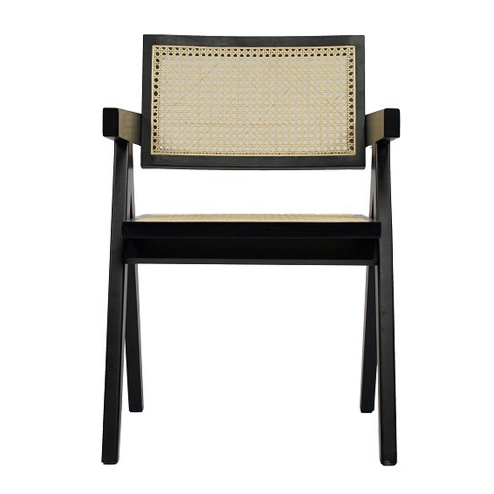 Benjara Cid Ayla 21 Inch Retro Dining Chair, Woven Rattan Back, Black Wenge Finish