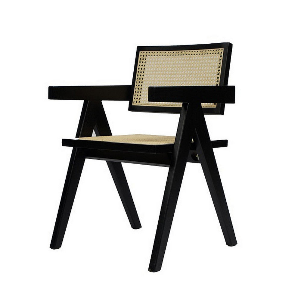 Benjara Cid Ayla 21 Inch Retro Dining Chair, Woven Rattan Back, Black Wenge Finish