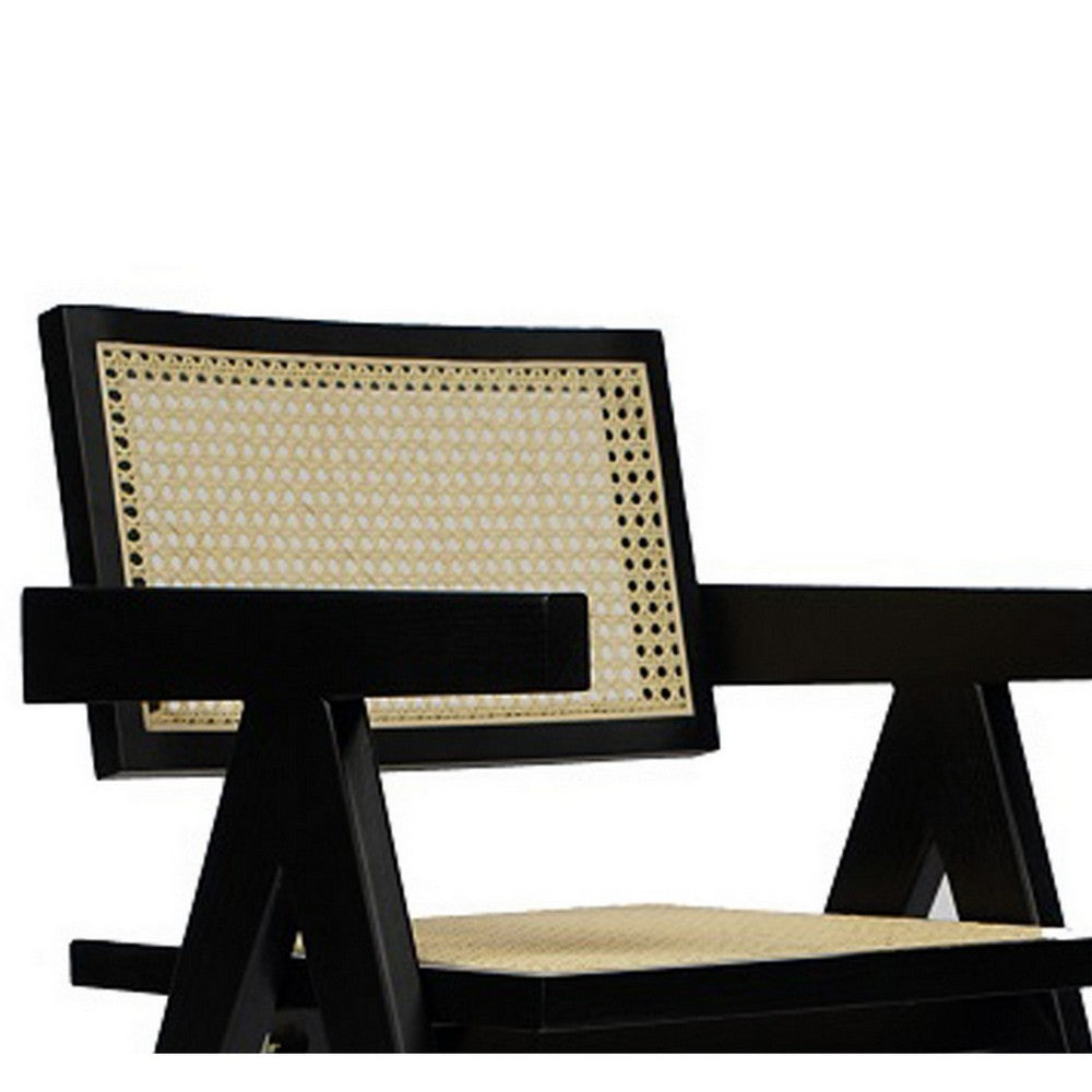 Benjara Cid Ayla 21 Inch Retro Dining Chair, Woven Rattan Back, Black Wenge Finish