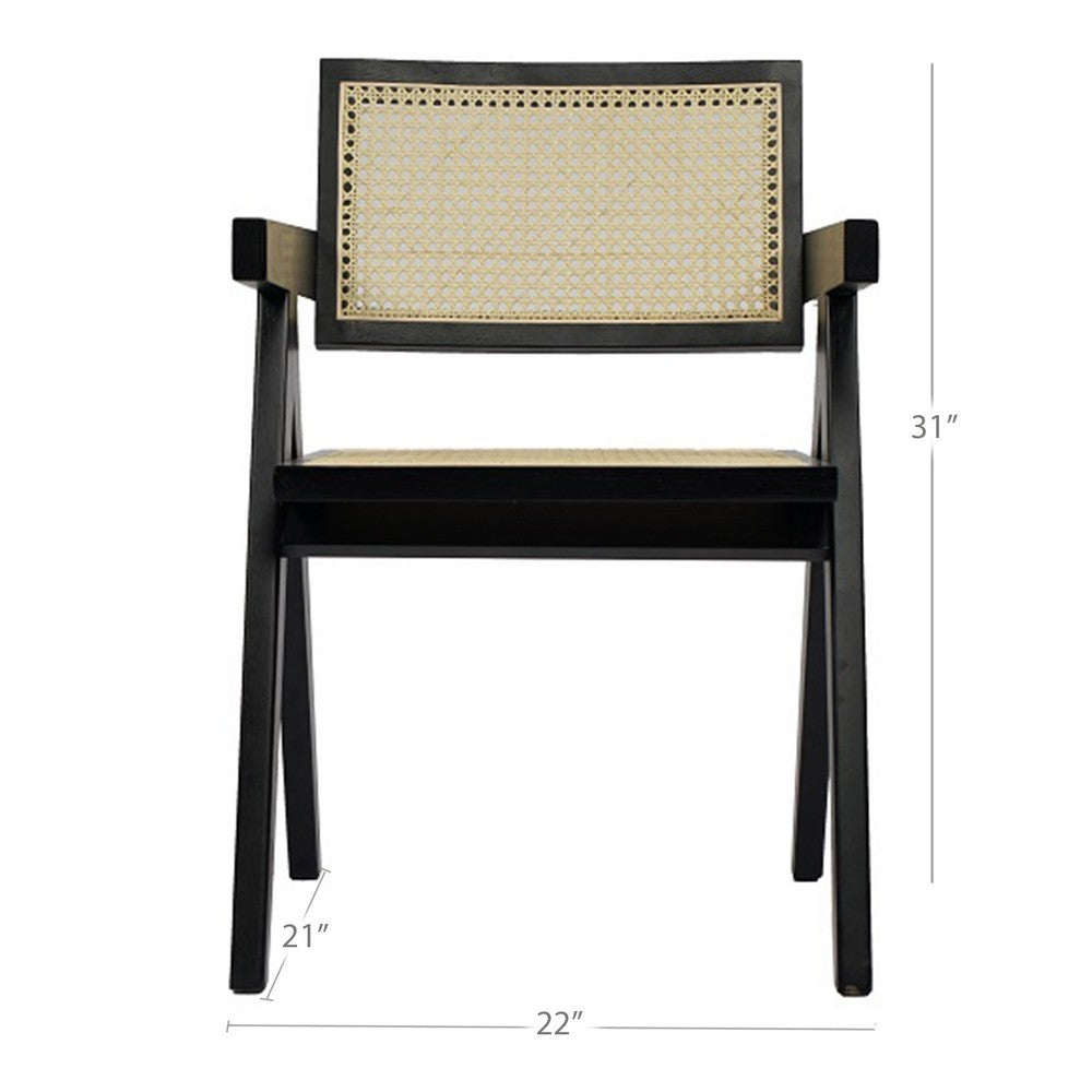 Benjara Cid Ayla 21 Inch Retro Dining Chair, Woven Rattan Back, Black Wenge Finish