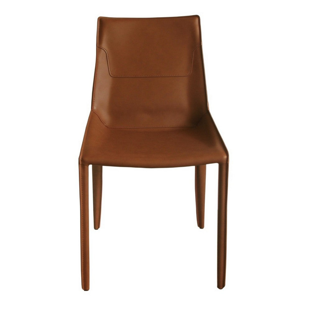 Benjara Cid Paz 19 Inch Dining Chair, Set of 2, Brown Saddle Leather, Tapered Legs