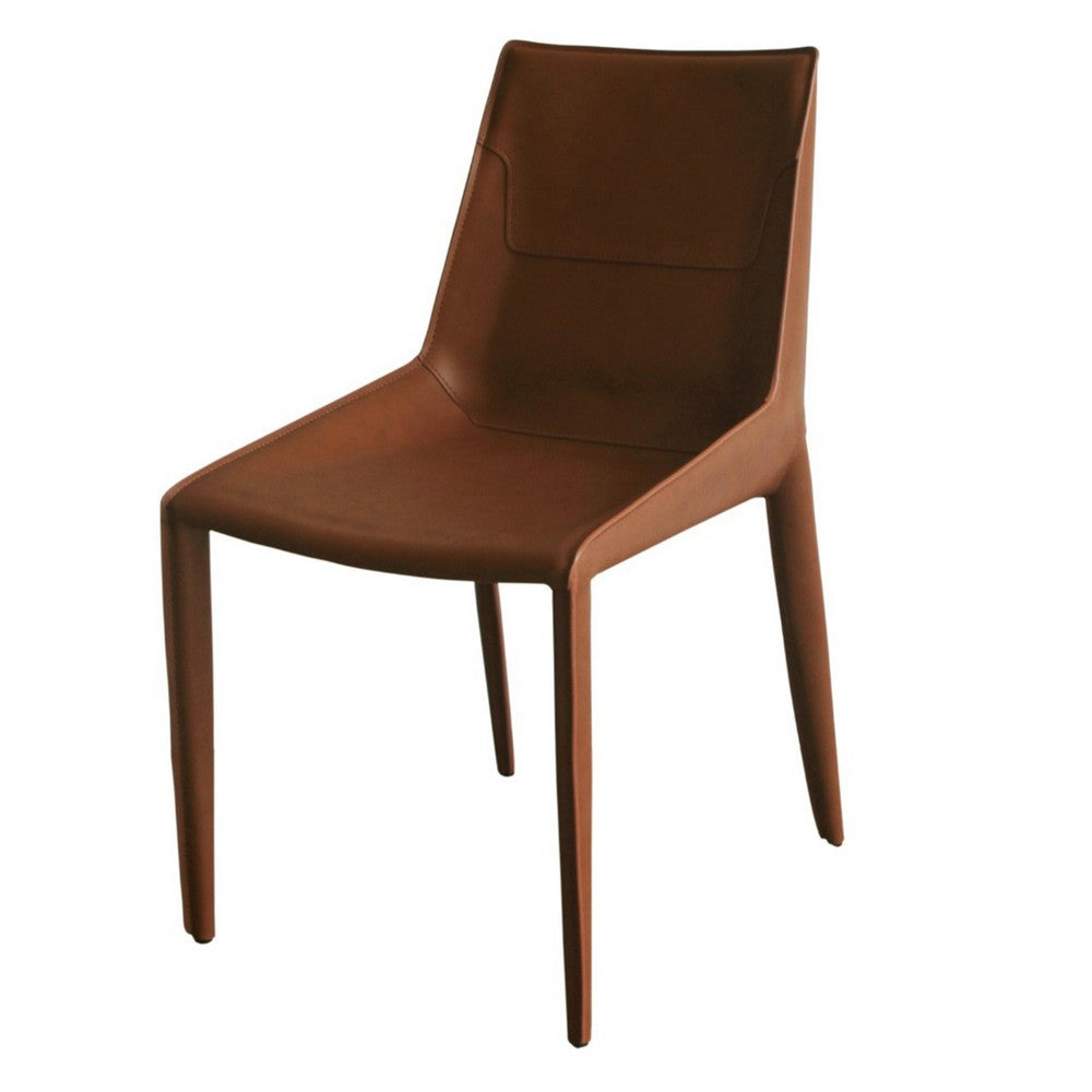 Benjara Cid Paz 19 Inch Dining Chair, Set of 2, Brown Saddle Leather, Tapered Legs
