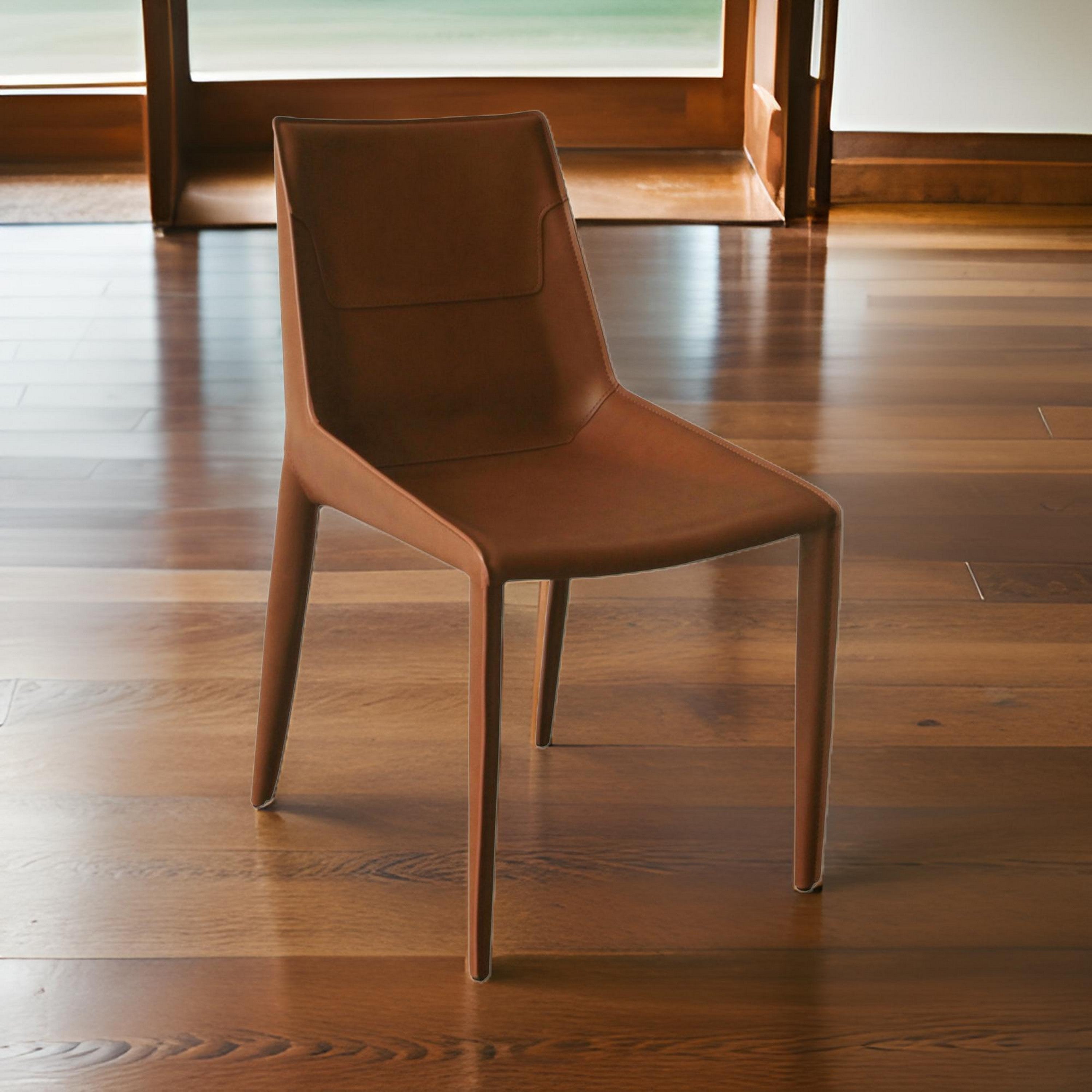 Benjara Cid Paz 19 Inch Dining Chair, Set of 2, Brown Saddle Leather, Tapered Legs