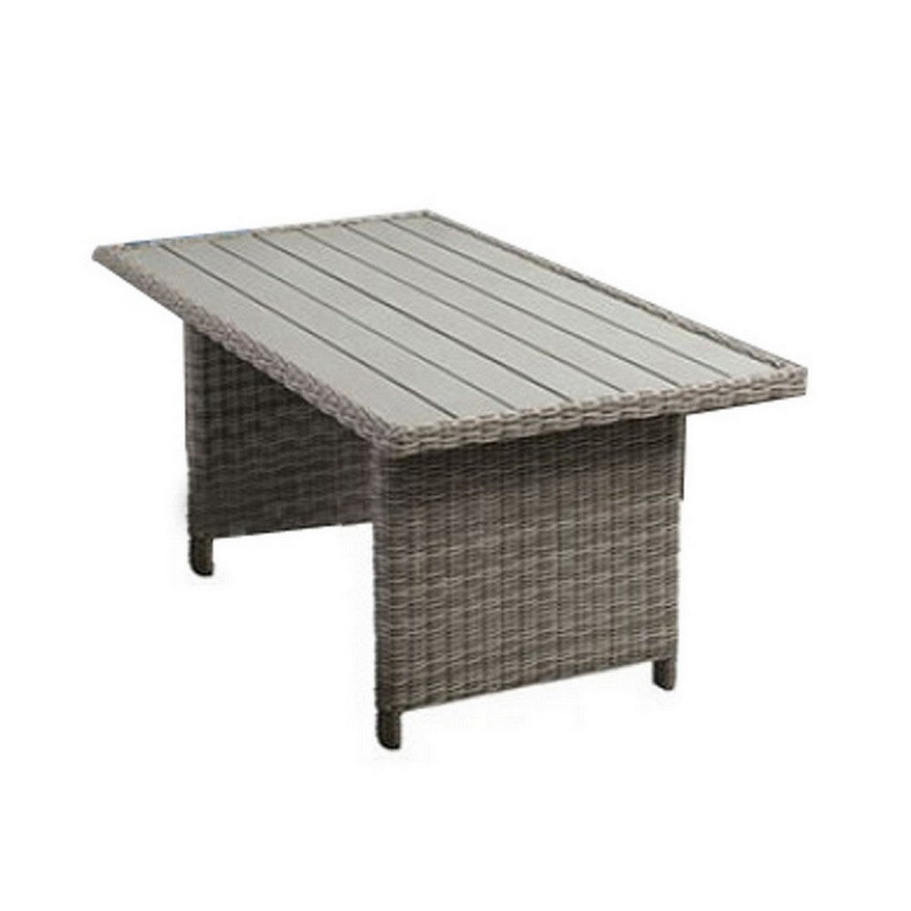 Benjara 59 Inch Outdoor Aluminum Dining Table, Gray Faux Wicker, Slatted Surface