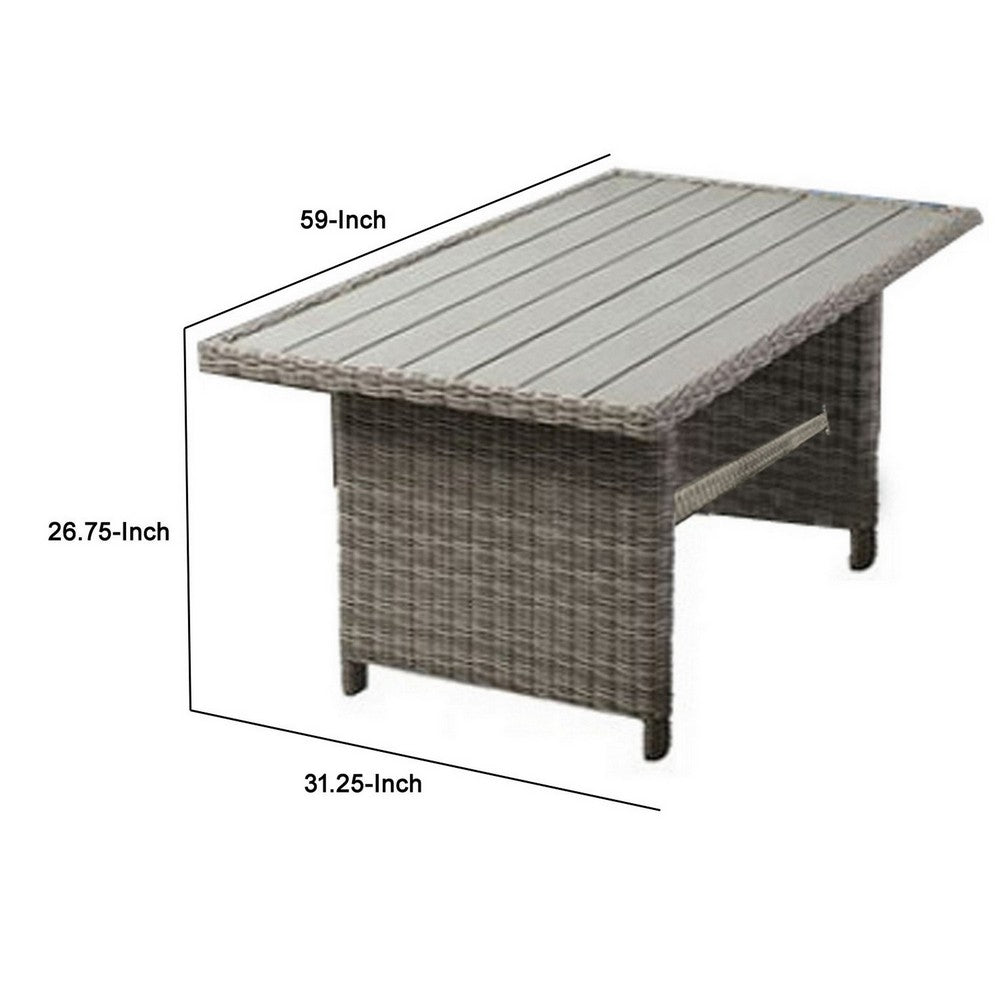 Benjara 59 Inch Outdoor Aluminum Dining Table, Gray Faux Wicker, Slatted Surface