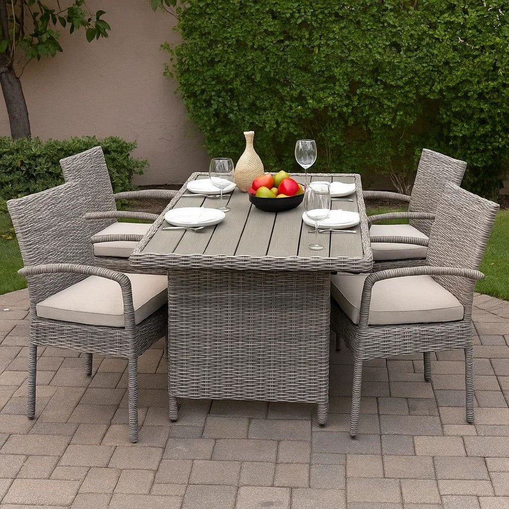 Benjara 59 Inch Outdoor Aluminum Dining Table, Gray Faux Wicker, Slatted Surface
