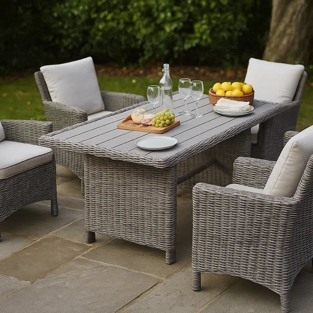 Benjara 59 Inch Outdoor Aluminum Dining Table, Gray Faux Wicker, Slatted Surface