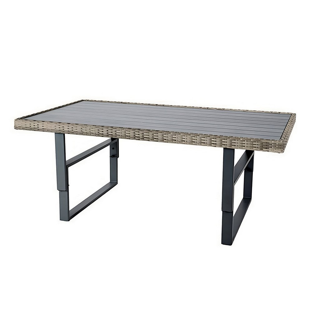 Benjara Foca 63 Inch Outdoor Rectangular Dining Table, Adjustable Height, Wicker
