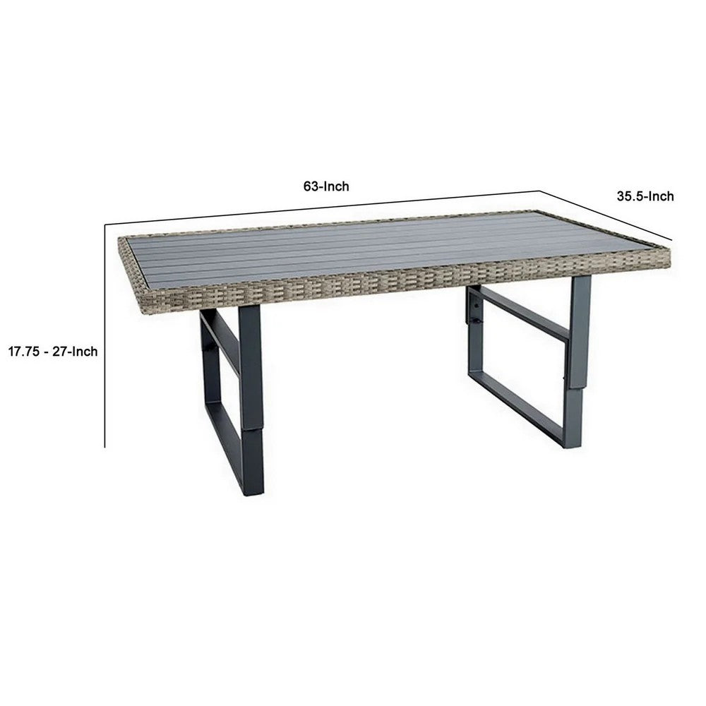 Benjara Foca 63 Inch Outdoor Rectangular Dining Table, Adjustable Height, Wicker