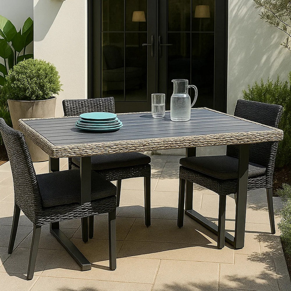 Benjara Foca 63 Inch Outdoor Rectangular Dining Table, Adjustable Height, Wicker