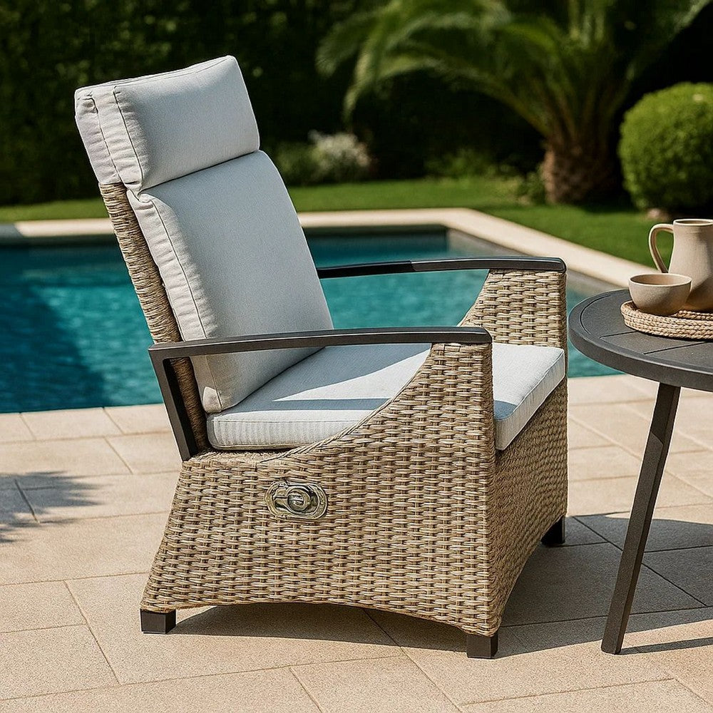 Benjara Foca 26 Inch Outdoor Dining Armchair, Faux Wicker, Gray, Tufted Backrest