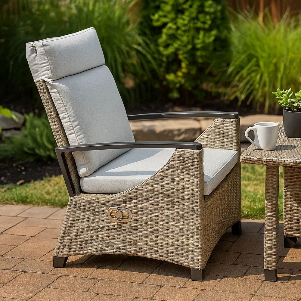 Benjara Foca 26 Inch Outdoor Dining Armchair, Faux Wicker, Gray, Tufted Backrest