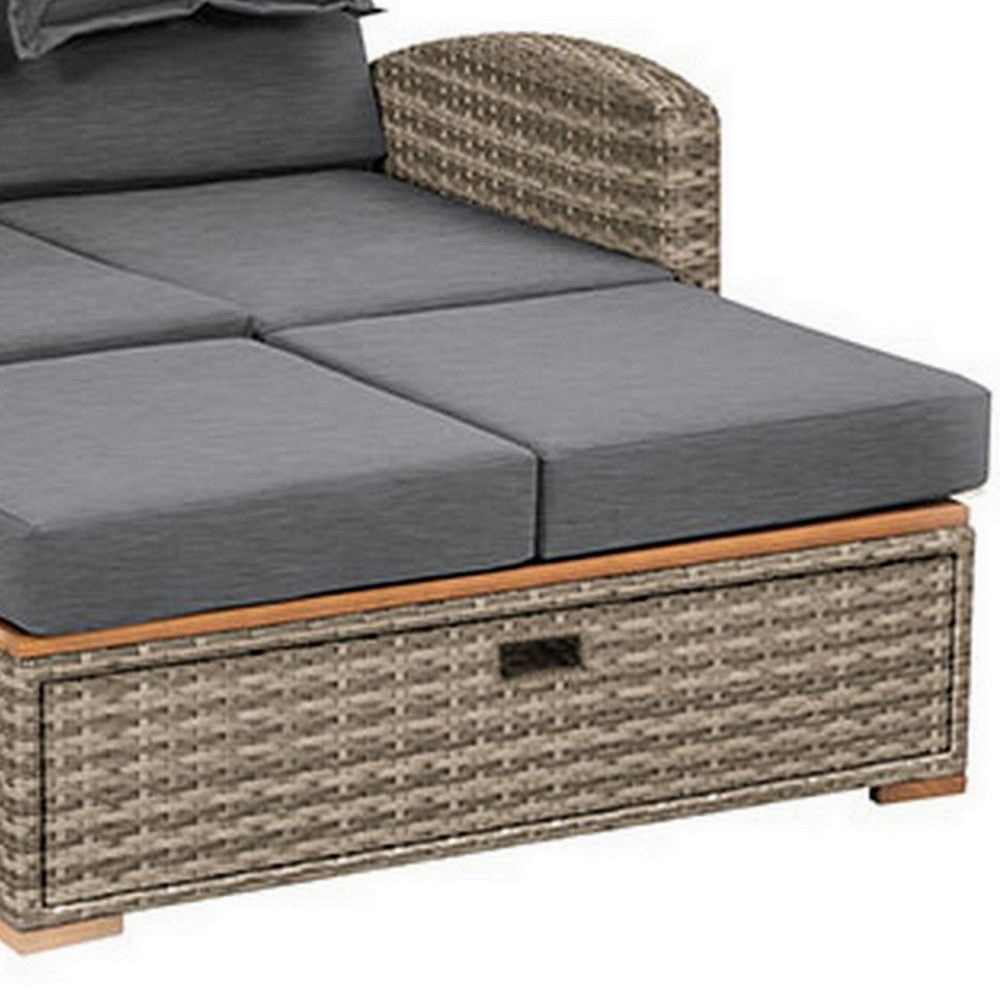 Benjara 2 Piece Outdoor Chaise Lounger And Bench, Gray Fabric, Wicker, Adjustable