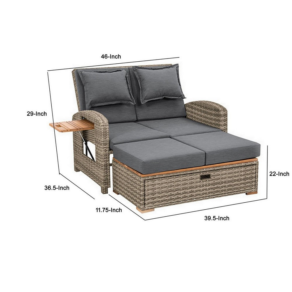 Benjara 2 Piece Outdoor Chaise Lounger And Bench, Gray Fabric, Wicker, Adjustable