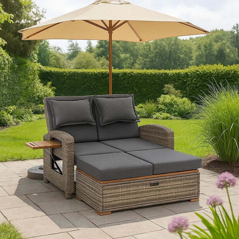 Benjara 2 Piece Outdoor Chaise Lounger And Bench, Gray Fabric, Wicker, Adjustable