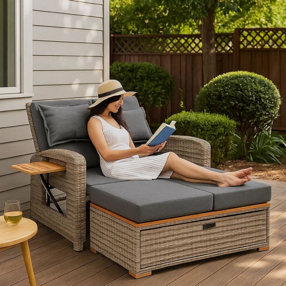 Benjara 2 Piece Outdoor Chaise Lounger And Bench, Gray Fabric, Wicker, Adjustable