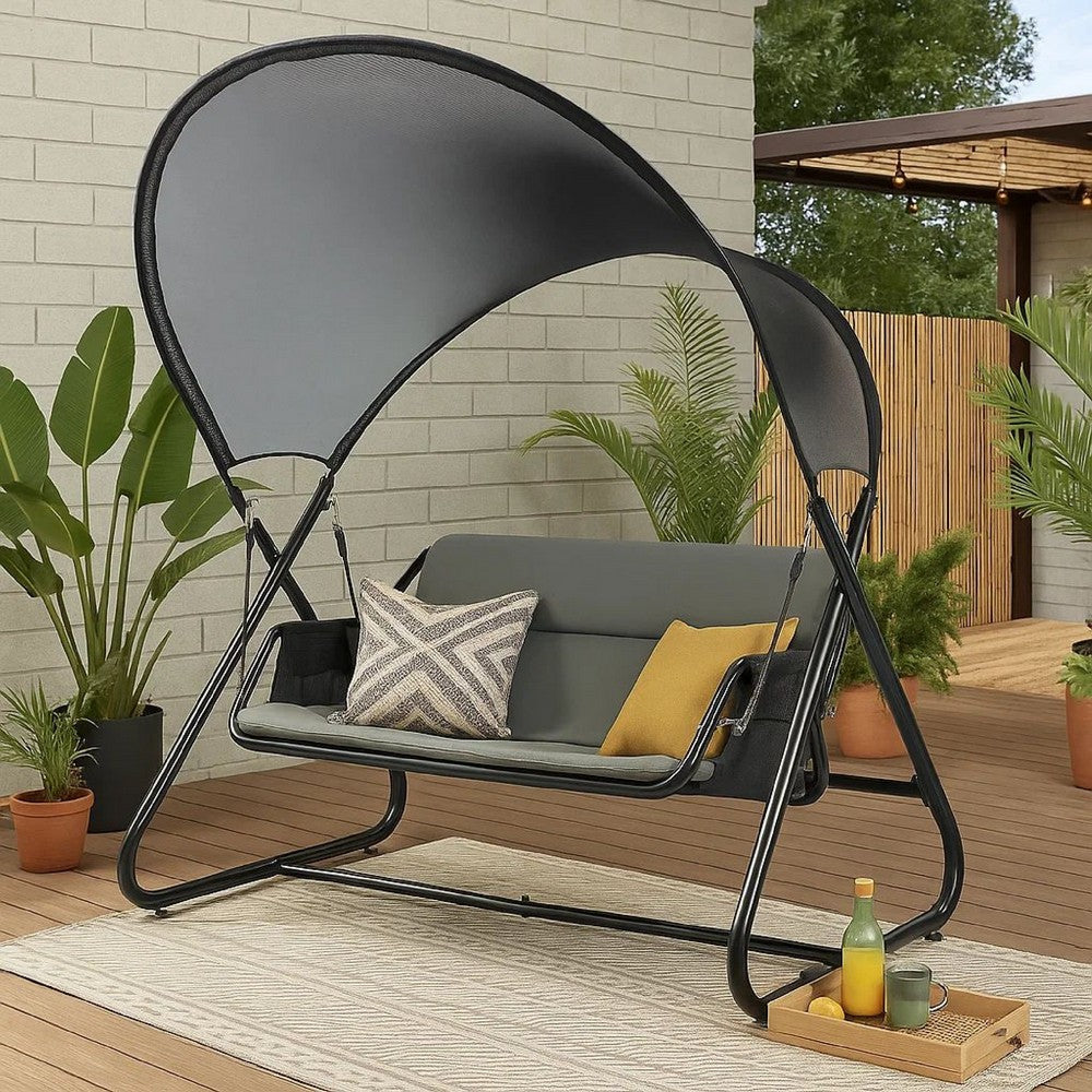 Benjara 66 Inch Outdoor Swing Chair, Double Hanging, Sturdy Steel Frame, Black