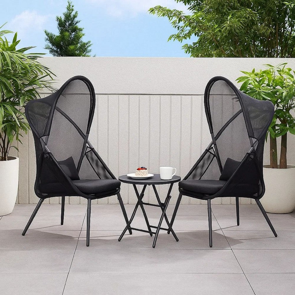 Benjara 34 Inch Outdoor Foldable Chair, Set of 2, Black Fabric Seat, Steel Frame