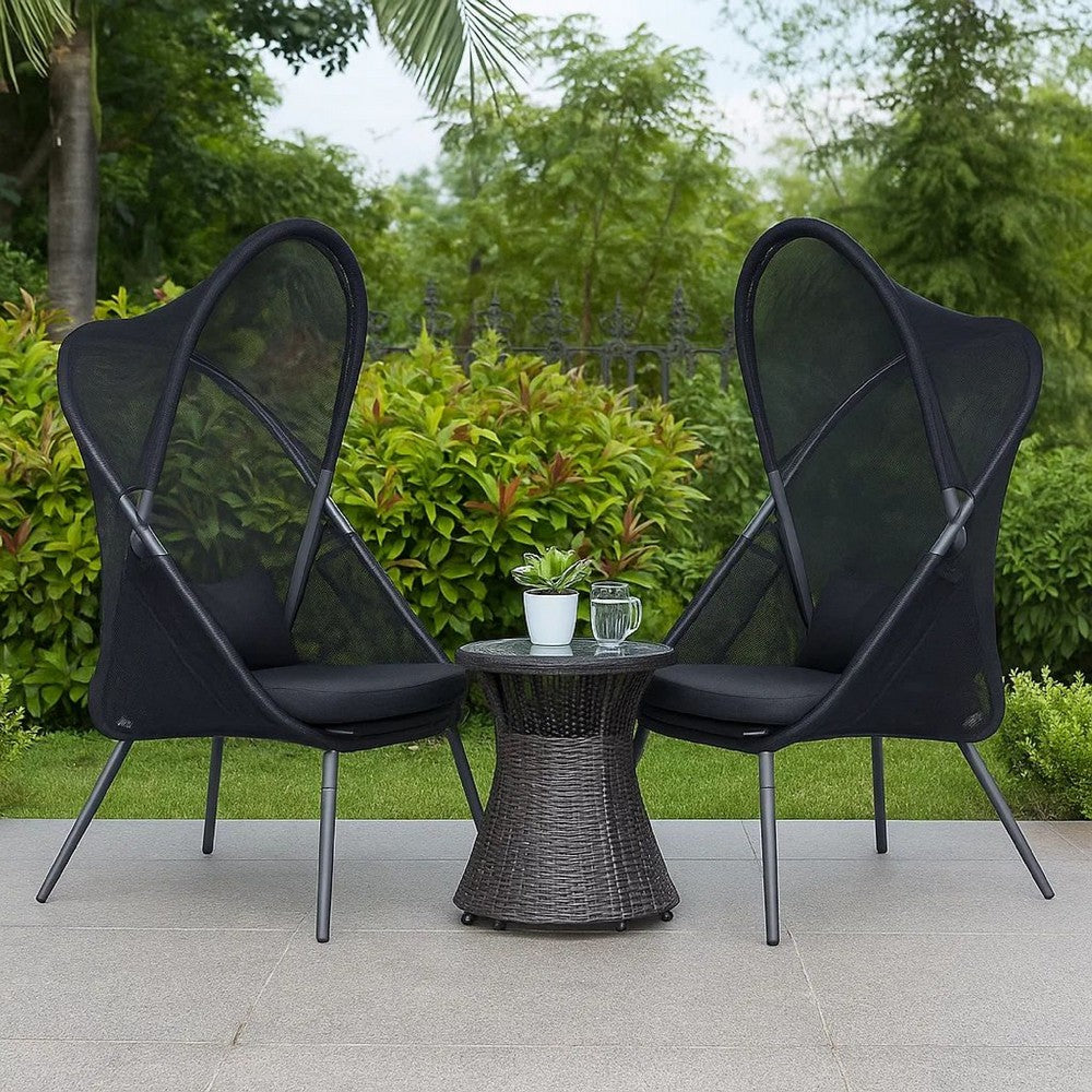 Benjara 34 Inch Outdoor Foldable Chair, Set of 2, Black Fabric Seat, Steel Frame