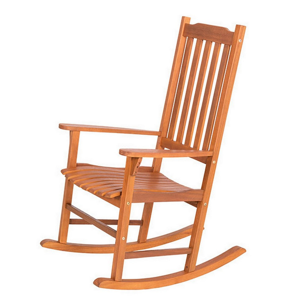 Benjara 33 Inch Outdoor Rocking Chair, Natural Brown Wood, Slatted, Wide Armrests
